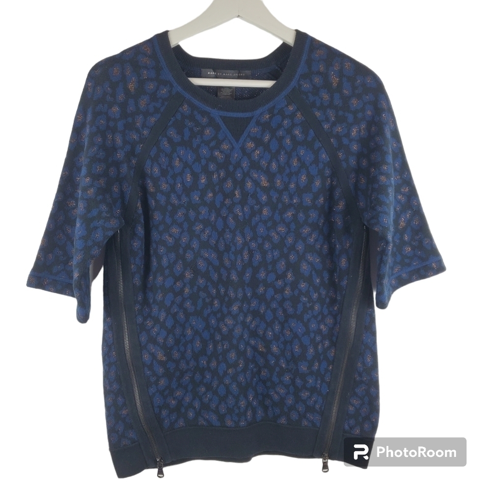 Marc by Marc‎ Jacobs Sasha Sweater Womens XS Black Blue Leopard Gold Metallic